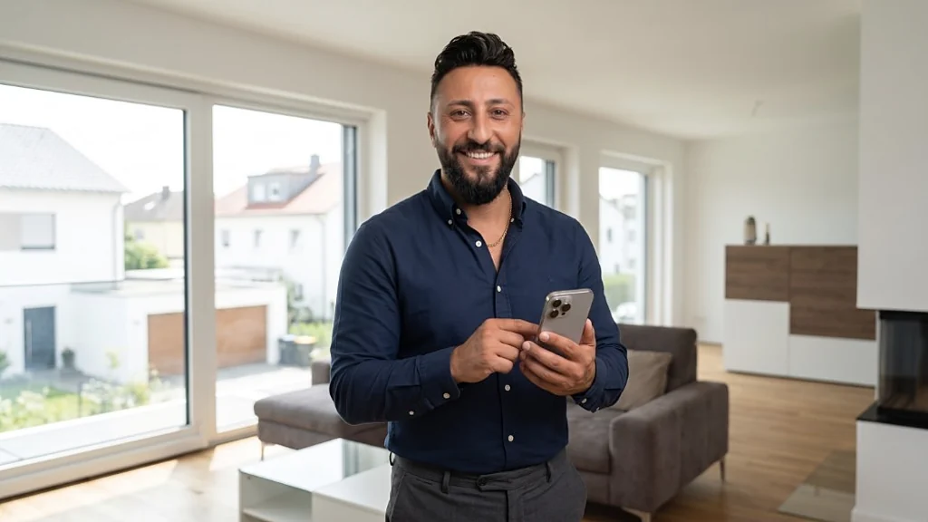 Mann mit Smartphone in einem hellen, modernen Wohnraum