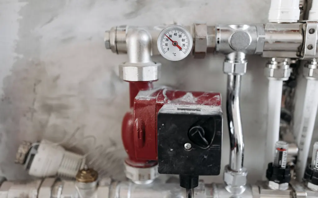 Heizungsverteiler mit Umwälzpumpe, Manometer und Absperrarmaturen