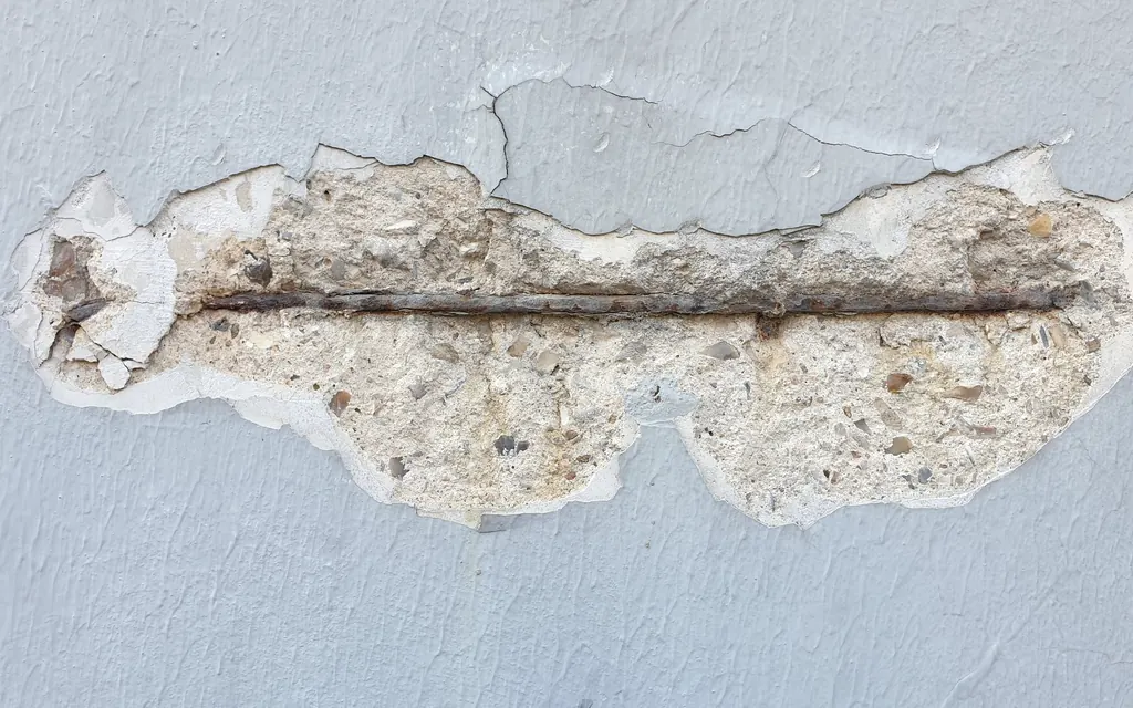 Abgeplatzter Beton an einer Wand mit freiliegender, korrodierter Bewehrung